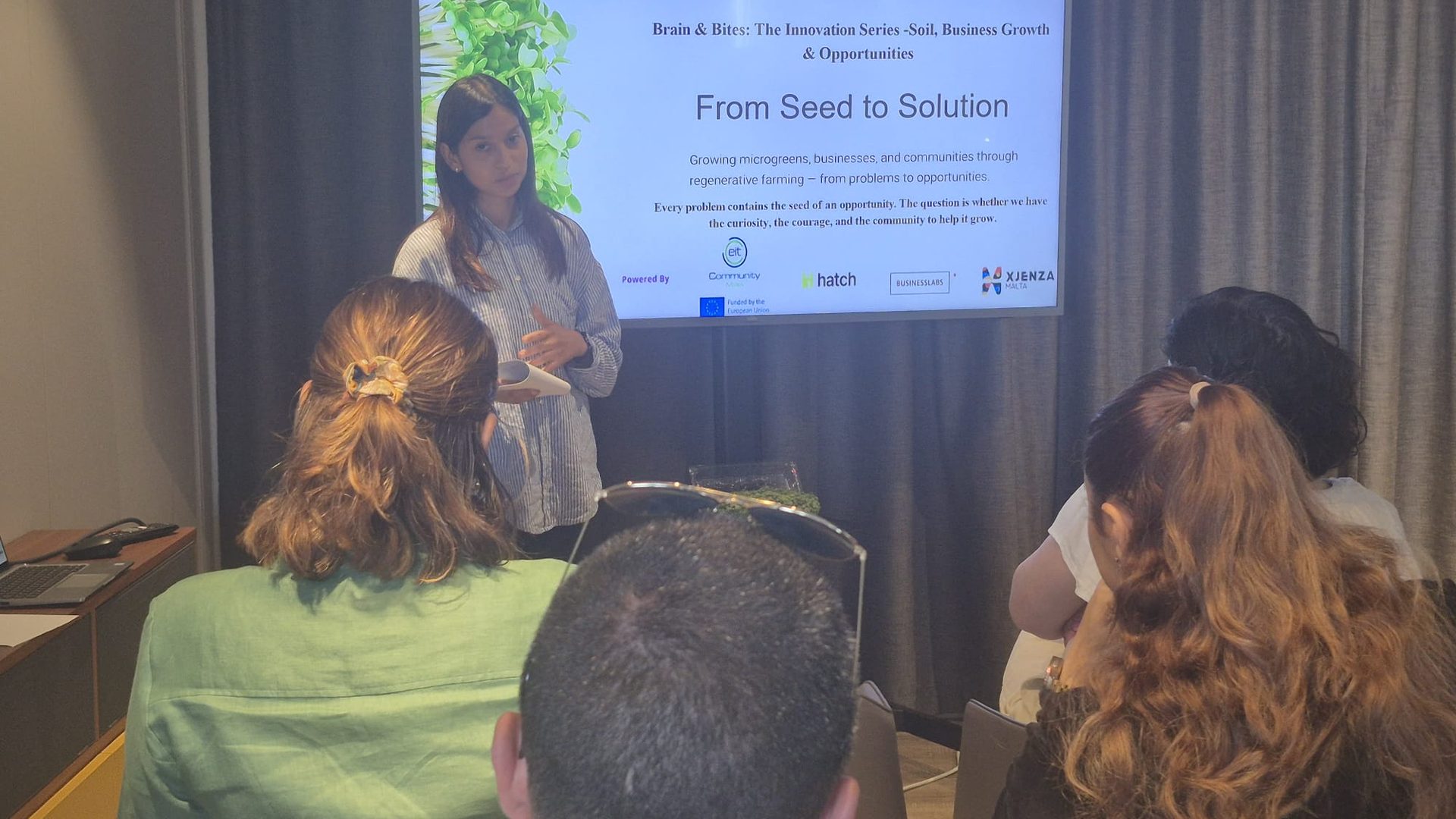 Chiara Isabelle Chytil presents "From Seed to Solution" on regenerative microgreens farming at the Brain & Bites Malta session