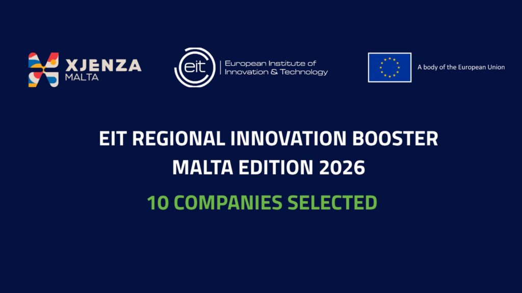 EIT Regional Innovation Booster Malta Edition 2026 banner announcing 10 companies selected, with Xjenza Malta and EIT logos