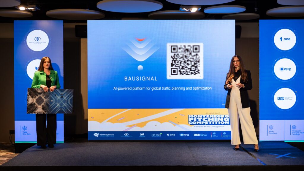 BauSignal founders presenting their AI-powered traffic planning platform at the Montenegro Pitching Competition