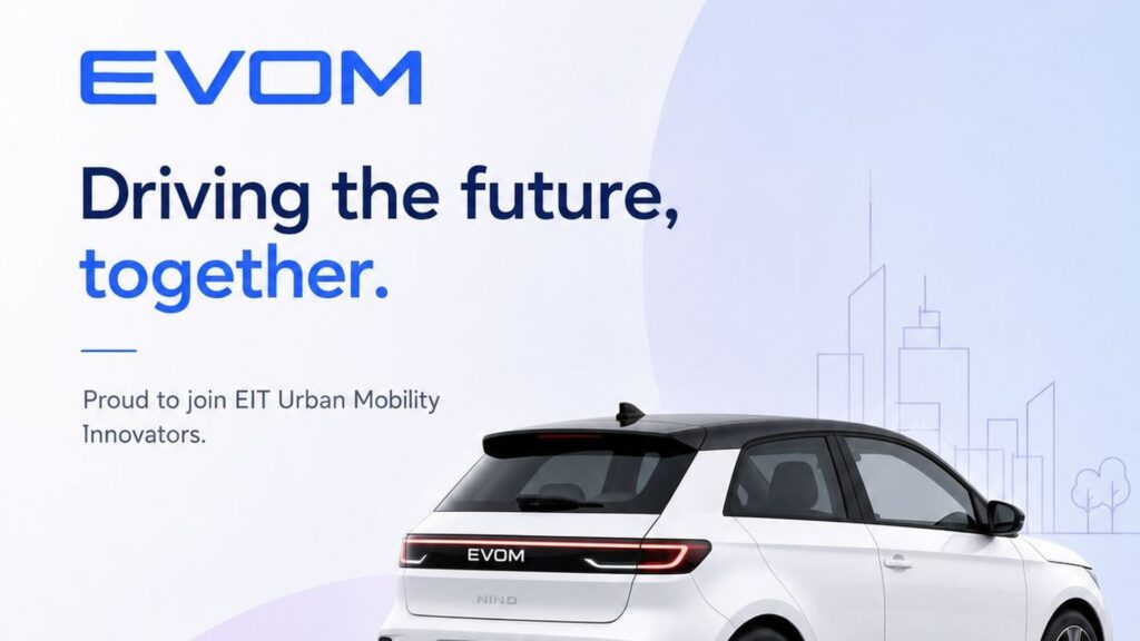 EVOM electric vehicle brand graphic, proud to join EIT Urban Mobility Innovators, co-funded by the European Union