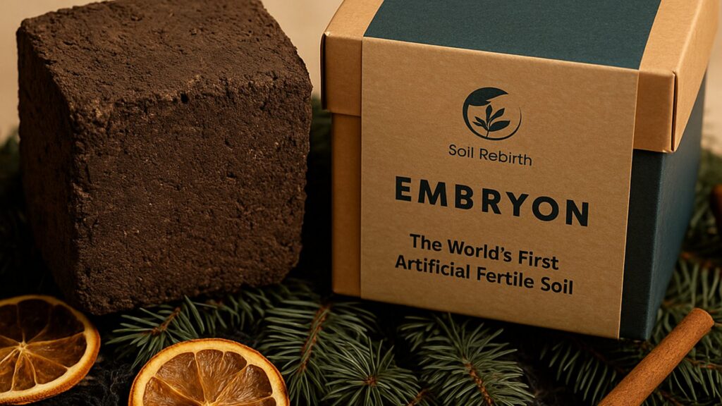 Soil Rebirth's patented Embrion product box, described as the world's first artificial fertile soil