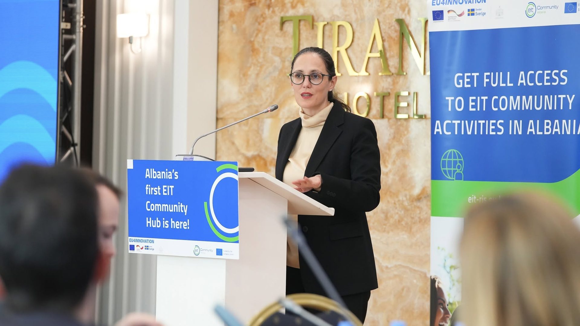 Speaker at the EIT Community Hub Albania podium during the Durana Tech Park event