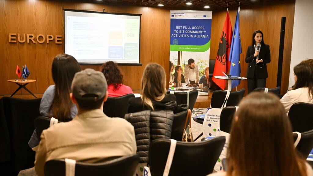 Dr. Françeska Korançe presenting Climate KIC opportunities at Europe House Tirana