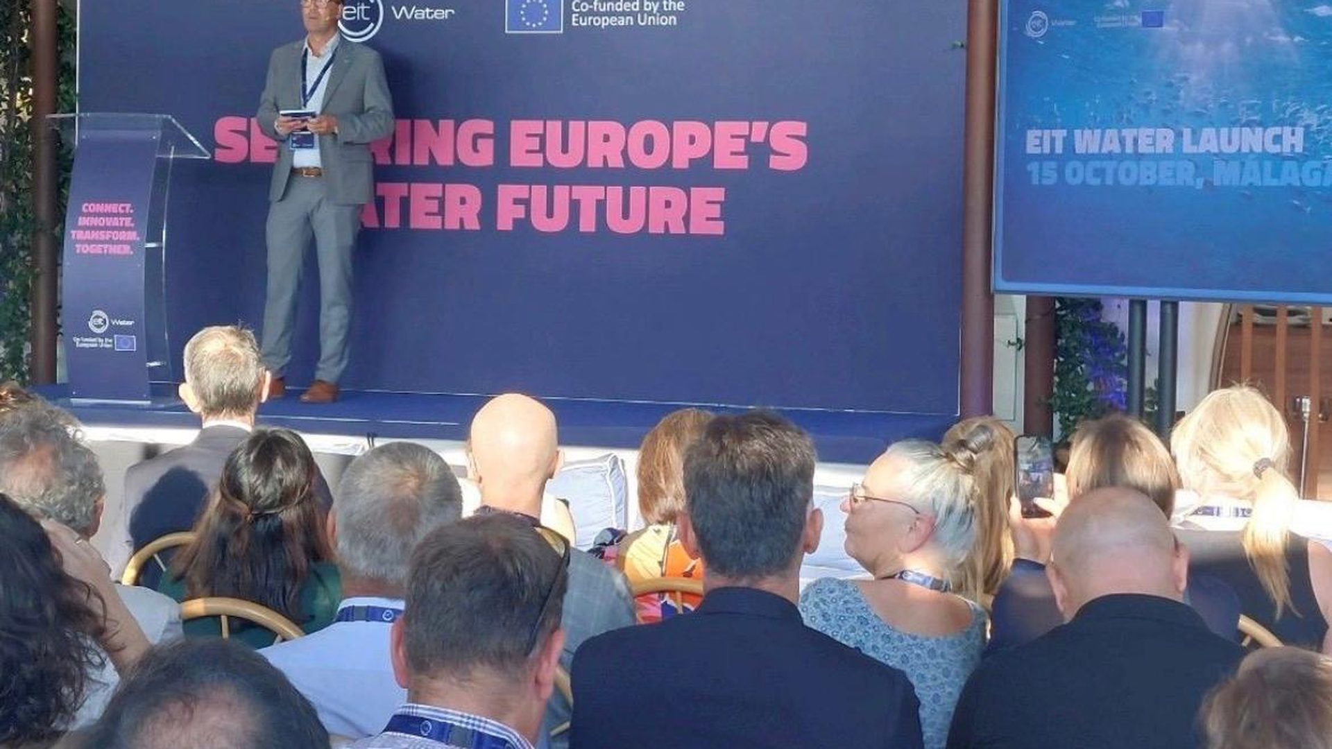 Speaker on stage at the EIT Water launch, 15 October, Málaga